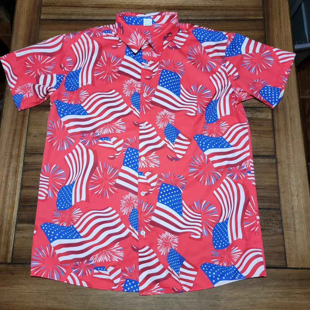 Short Sleeve Americana Celebration Red Button Up Unisex Shit - Size Large